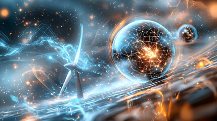 Poster - Dynamic energy sphere and wind turbine futuristic digital art abstract landscape vibrant environment creative perspective
