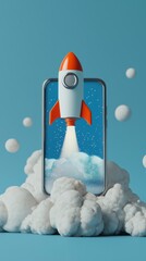 Poster - A dynamic rocket erupts from a mobile device, enveloped in a vibrant cloud, signifying innovation, creativity, and the exhilaration of exploration in the digital age.