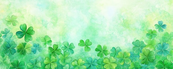 Wall Mural - A serene, green background featuring vibrant clovers, creating a calming and natural atmosphere, perfect for St. Patrick's Day or nature-themed designs.