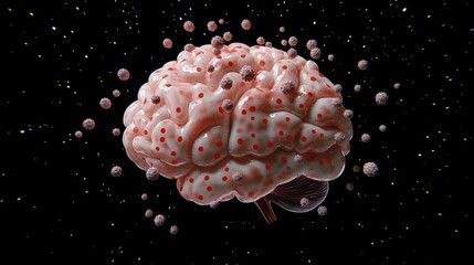 Poster - Visual representation of a brain with red and white spots indicating activity and surrounded by particles