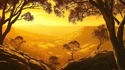 Canvas Print - Golden hour valley view from rocky outcrop