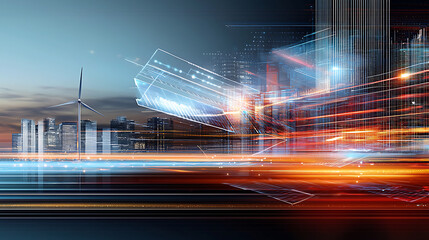 Poster - Dynamic urban landscape city skyline digital art evening glow wide angle futuristic technology concepts