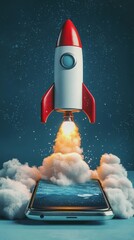 Poster - This artwork captures a beautifully crafted rocket launching from a smartphone, surrounded by billowing clouds, symbolizing a fusion of technology and cosmic adventure.