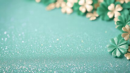 Wall Mural - A sparkling turquoise background adorned with green flower shapes and a touch of gold, perfect for festive or celebratory themes.