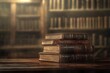 © Fathor - A stack of antique books with leather covers and gold-backed titles, placed on an old wooden table in front of shelves filled with other old books, against the backdrop of a classic library or study.