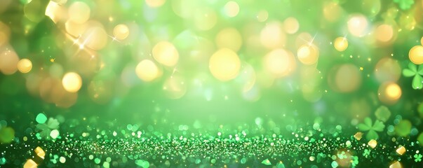 Poster - A shimmering green background filled with soft, glowing bokeh lights, creating a magical and festive atmosphere.