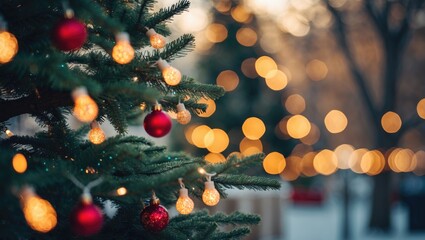 Poster - Christmas tree with ornaments and warm bokeh lights in a festive outdoor setting during sunset Copy Space