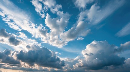 Aufkleber - Dramatic blue sky filled with fluffy white clouds during daytime with sunlight and expansive view perfect for background copy space