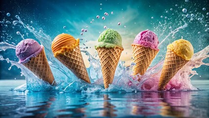 Wall Mural - Summer Fun: Ice Cream Cones Splashing in Pool, Whimsical Bubbles & Refreshing Scene