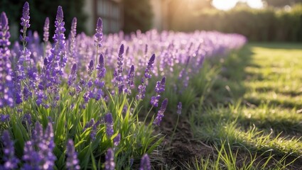 Aufkleber - Lavender flowers in bloom along grassy pathway under soft sunlight with blurred background and visible copy space for text