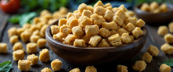 Aufkleber - Golden corn snack cubes in a wooden bowl with scattered pieces on a rustic wooden surface surrounded by fresh greens and ingredients. Copy Space