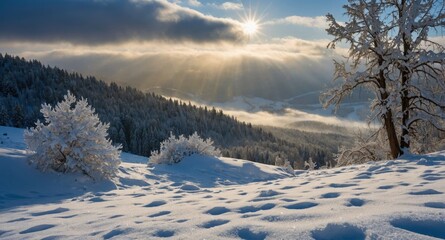 Aufkleber - Snowy mountain landscape with sun rays illuminating a winter scene featuring frosted trees and untouched snow Copy Space