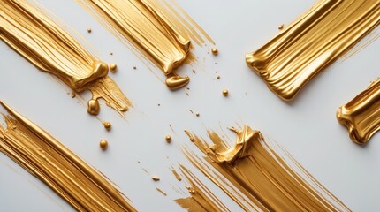 Aufkleber - Golden paint strokes on white background with splatters and drips ideal for artistic backgrounds and creative projects Copy Space