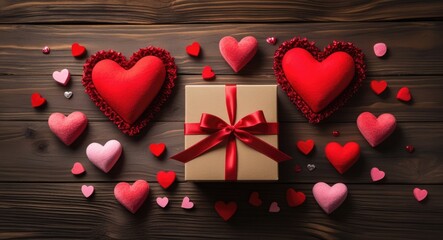 Poster - Valentine's Day gift box surrounded by red and pink hearts on wooden background with copy space.
