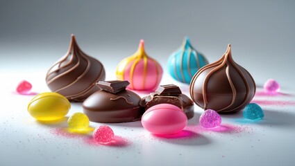 Poster - Assorted chocolate confections and colorful candy eggs on a neutral background with Copy Space