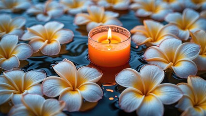 Aufkleber - Floating plumeria flowers with a lit candle in a serene water setting with soft reflections and warm tones Copy Space