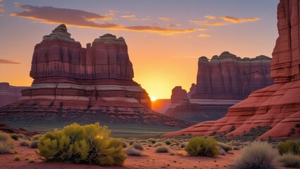 Poster - Sunset over rock formations in desert landscape with shrubs and dramatic clouds in sky Copy Space