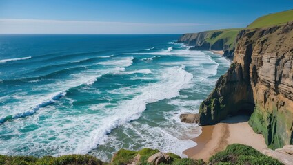 Poster - Coastal landscape with waves crashing on sandy beach and rocky cliffs under clear blue sky near ocean shoreline Copy Space