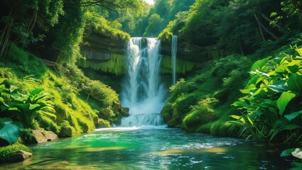 Poster - Lush tropical waterfall cascading into serene pool surrounded by verdant foliage and plants in bright natural light Copy Space