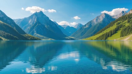 Poster - Mountain landscape with lake reflections under blue sky and fluffy clouds in a serene alpine setting Copy Space