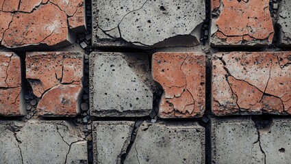 Poster - Textured surface of cracked concrete and brick pavement with visible damage and imperfections ideal for background use.