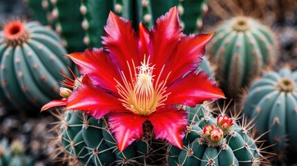 Aufkleber - Bright red cactus flower blooming among green cacti in a desert garden setting with sharp spines and textured surfaces Copy Space