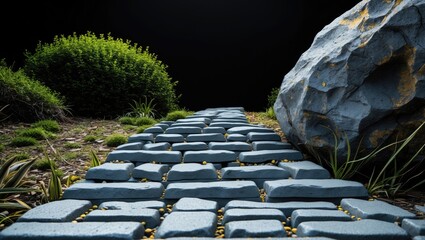 Poster - Stone pathway surrounded by lush greenery and large rock in a dark background with visible textures and details. Copy Space