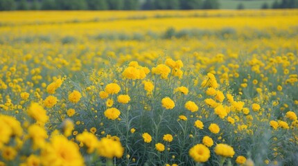 Poster - Vibrant field of yellow flowers with lush greenery and a blurred background of trees under a clear sky Copy Space