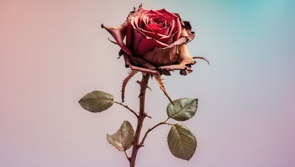 Poster - Dried rose with wilted petals and green leaves on a soft gradient background with copy space for text
