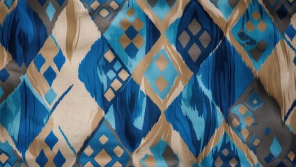 Aufkleber - Colorful abstract fabric pattern with blue, beige, and cream diamond shapes textured background Copy Space