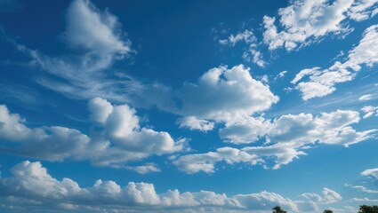 Aufkleber - Cloudy sky with white cumulus clouds against a bright blue background and ample Copy Space for text placement