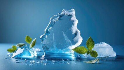 Poster - Ice cubes with fresh green mint leaves on a blue background showcasing melting ice and water droplets with Copy Space.