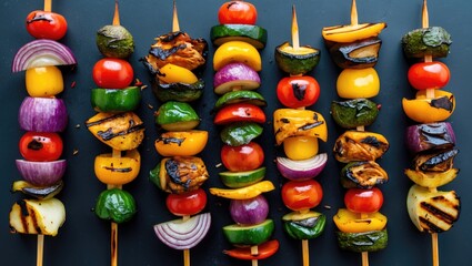 Poster - Grilled vegetable skewers with colorful bell peppers, onions, cherry tomatoes and zucchini on wooden sticks arranged on a dark background Copy Space