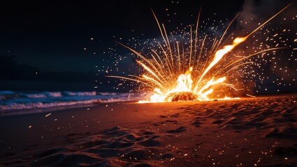 Poster - Firework explosion on beach at night with ocean waves in background and silhouette of distant clouds, sparks illuminating dark scene with sand.