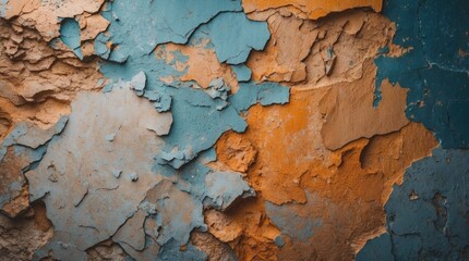Aufkleber - Peeling paint textures in blue and orange hues on a weathered wall with rough surface details suitable for backgrounds and designs