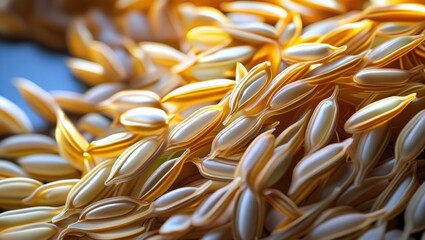 Aufkleber - Close-up of detailed golden seeds arranged in a heap with soft lighting and shallow depth of field Copy Space
