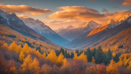 Poster - Mountain valley landscape with autumn foliage and dramatic clouds at sunset Copy Space