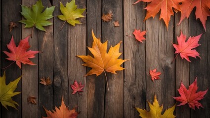 Aufkleber - Colorful autumn leaves scattered on rustic wooden background with Copy Space for text placement
