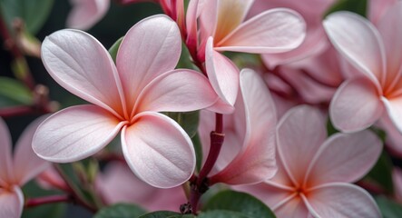 Aufkleber - Beautiful soft pink plumeria flowers with lush green leaves in a natural setting Copy Space