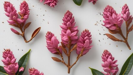 Aufkleber - Pink tropical flowers with green leaves arranged on a white background showcasing natural beauty and botanical elements Copy Space