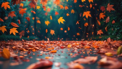 Aufkleber - Falling autumn leaves in a serene forest pathway with vibrant orange and yellow foliage and blurred background Copy Space