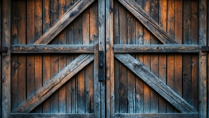 Aufkleber - Wooden barn doors with a weathered texture and diagonal bracing illuminated by warm light, featuring detailed grain patterns and rustic charm. Copy Space