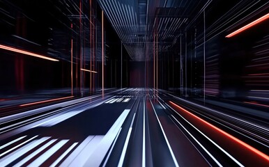 Wall Mural - dynamic abstract lines racing through a futuristic dark tunnel with neon highlights