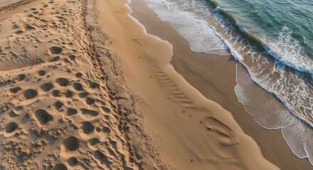 Aufkleber - Aerial view of sandy beach with unique patterns and gentle waves meeting the shore at sunset Copy Space