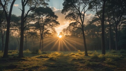 Poster - Sunlight rays shining through trees in a misty forest during sunrise with lush green undergrowth and soft lighting Copy Space