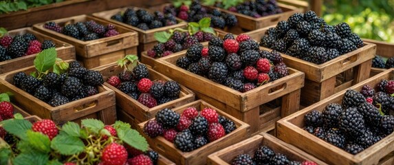 Aufkleber - Freshly harvested blackberries and raspberries in wooden crates on a market stall with green foliage in the background Copy Space