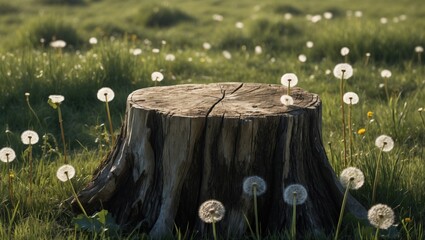 Poster - Dandelion flowers surrounding a weathered tree stump in a lush green meadow with soft sunlight and natural textures Copy Space