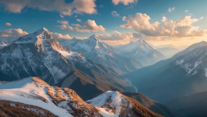 Aufkleber - Mountain landscape with snow-capped peaks under a cloudy sky during sunset with soft light and panoramic view Copy Space