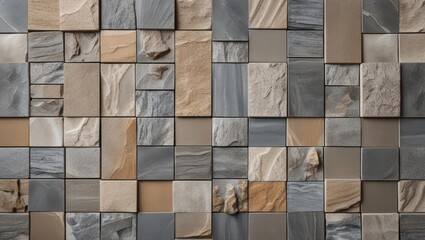 Aufkleber - Textured stone wall tiles in various shades of gray and beige arranged in a rectangular pattern with Copy Space for text placement