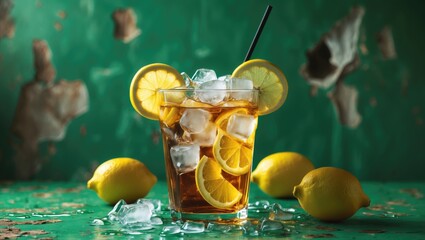 Poster - Iced tea drink with lemon slices and ice cubes on a green textured background with lemons scattered around Copy Space